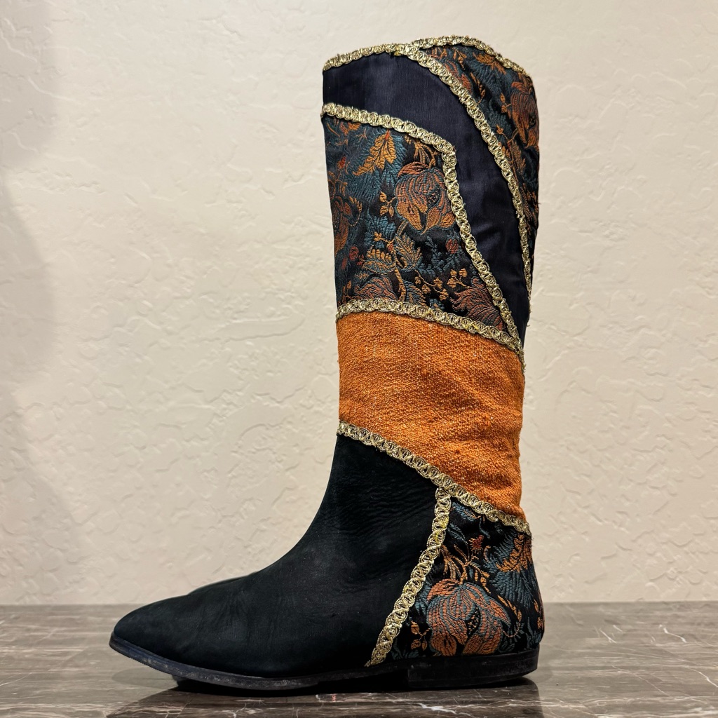Vintage Italian Leather And Tapestry Ribbon Trimmed Patchwork Boots